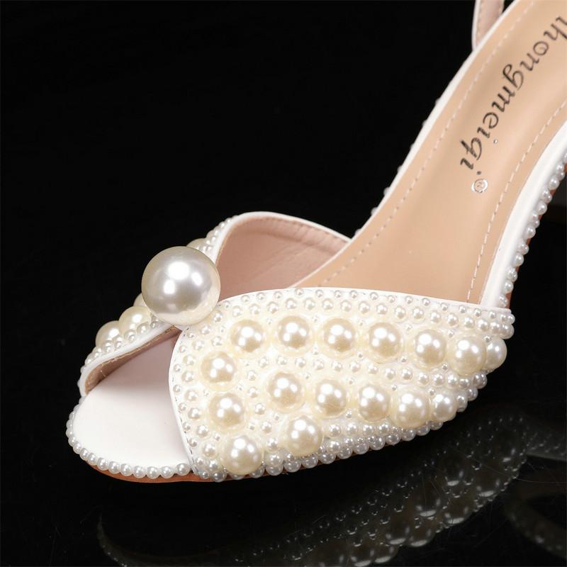 Fashion Sweet Handmade Pearl Stiletto Line With Shallow Cut Party Wedding Shoes Thick Heels High Heels For Women