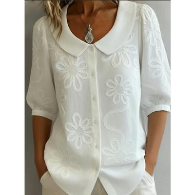 Elegante Camicia Ricamata con Fiori Casual Larga Retro Bottoni Manica Corta Colore Bambola Blusa Casual Monocolore Dolce Moda Ufficio Top Basici