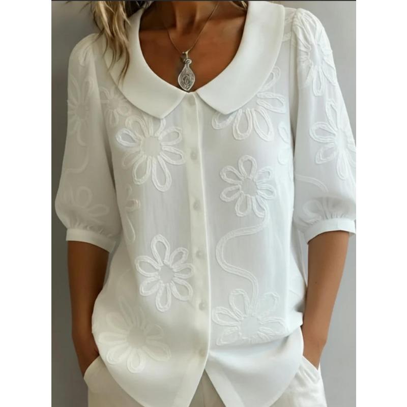 Elegante Camicia Ricamata con Fiori Casual Larga Retro Bottoni Manica Corta Colore Bambola Blusa Casual Monocolore Dolce Moda Ufficio Top Basici