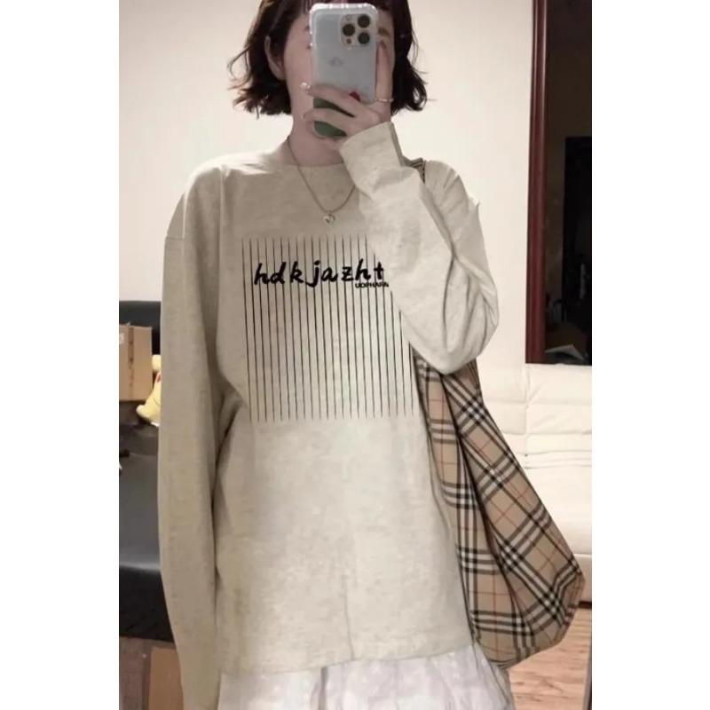 

Spring and Autumn American Pure Cotton Long-sleeved Short-sleeved New Early Autumn Top Loose Gray Bottoming XL сірий