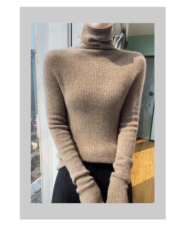 Women's Seamless High Neck Ribbed Knit Wool Sweater - Slim Fit, Textured Base Layer Pullover