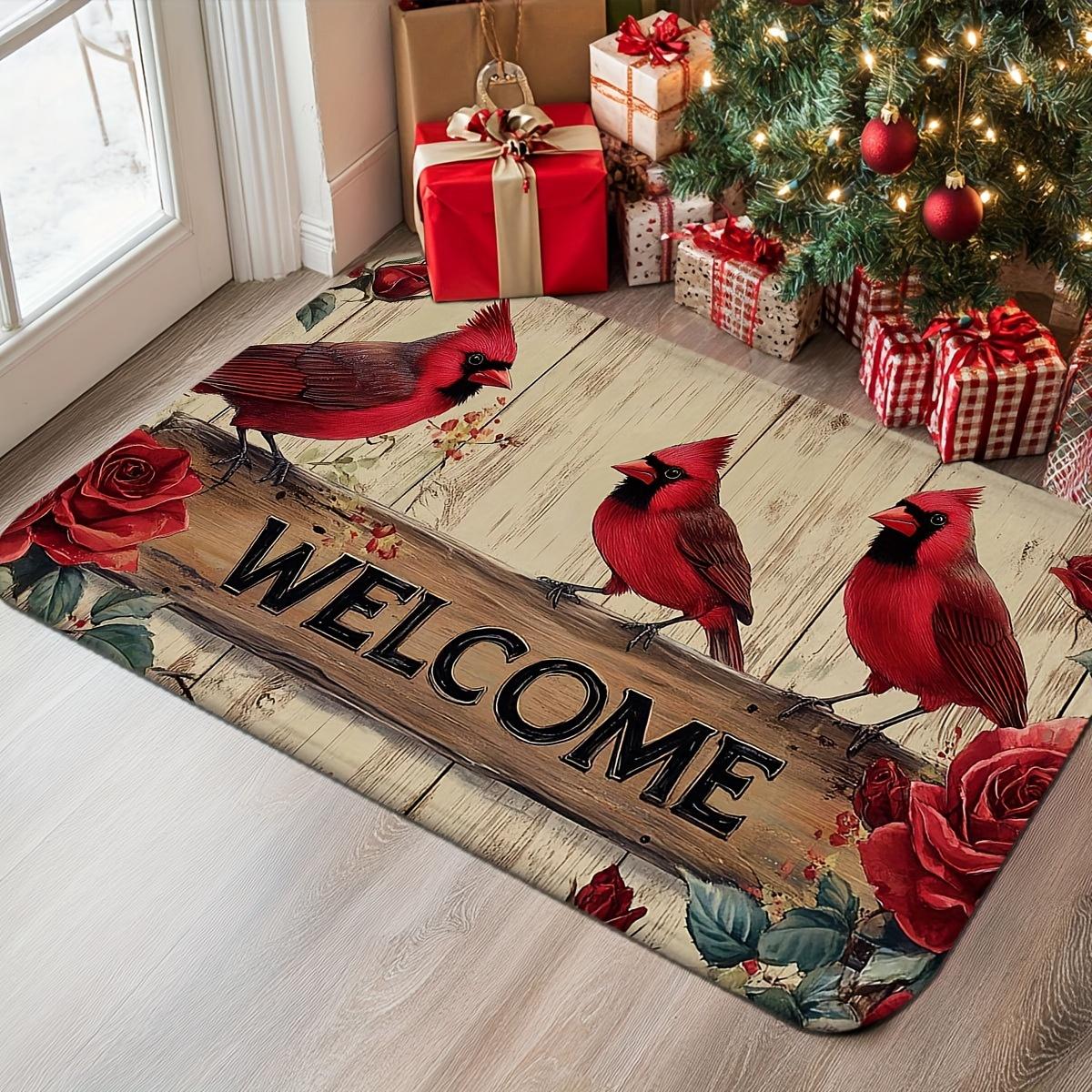 Christmas Red Cardinal Rose Doormat Festive Decor for Home Entrance Kitchen Bathroom Holiday Mat 40x60cm