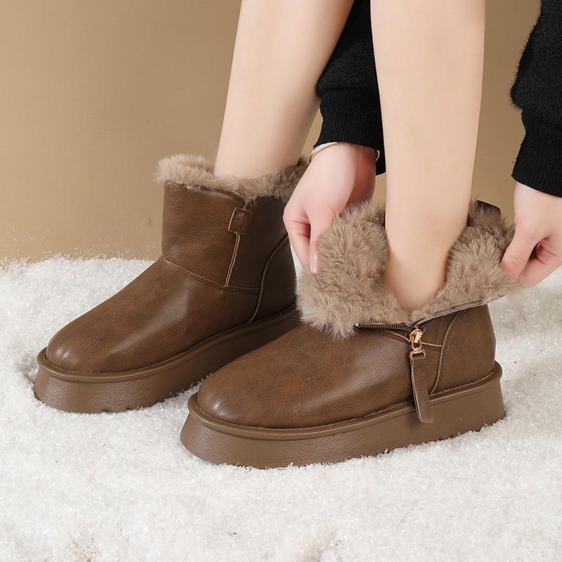 Women's Fur One Thick Bottom a Footstool Leather Waterproof Winter Lightweight Warm Snow Boots Non-slip Wear Casual Sneakers Cotton Boots