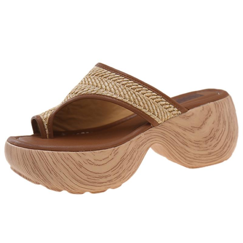 Height-increasing Cool Slippers Thick-soled High-heeled Sandals Thick-heeled Straw Woven Vacation Soft-soled Wind Toe Retro New