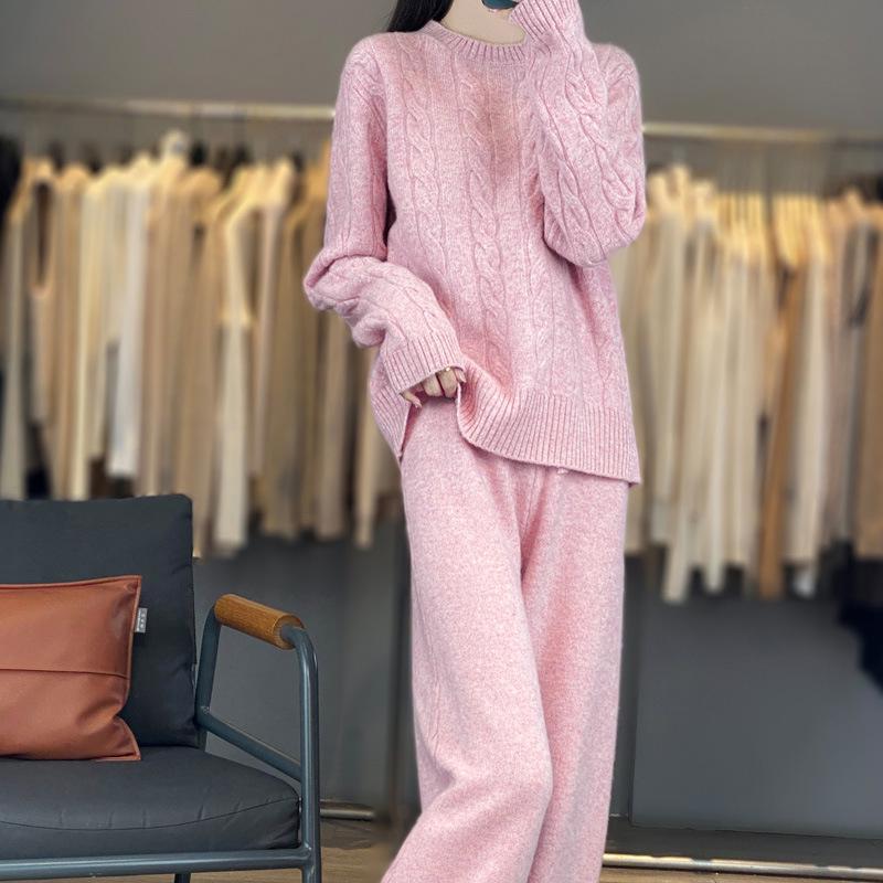 Women's Pure Wool Cable Knit Sweater Set - Autumn/Winter 2025 Trend: Loose, Thick, Round Neck, Long Sleeve.