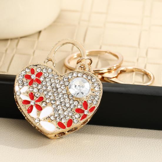 Keychain Pendant Heart Shape Charm Key Holder with Enamel Flower Design Lightweight Anti-Oxidation Durable Lobster Clasp Keyring