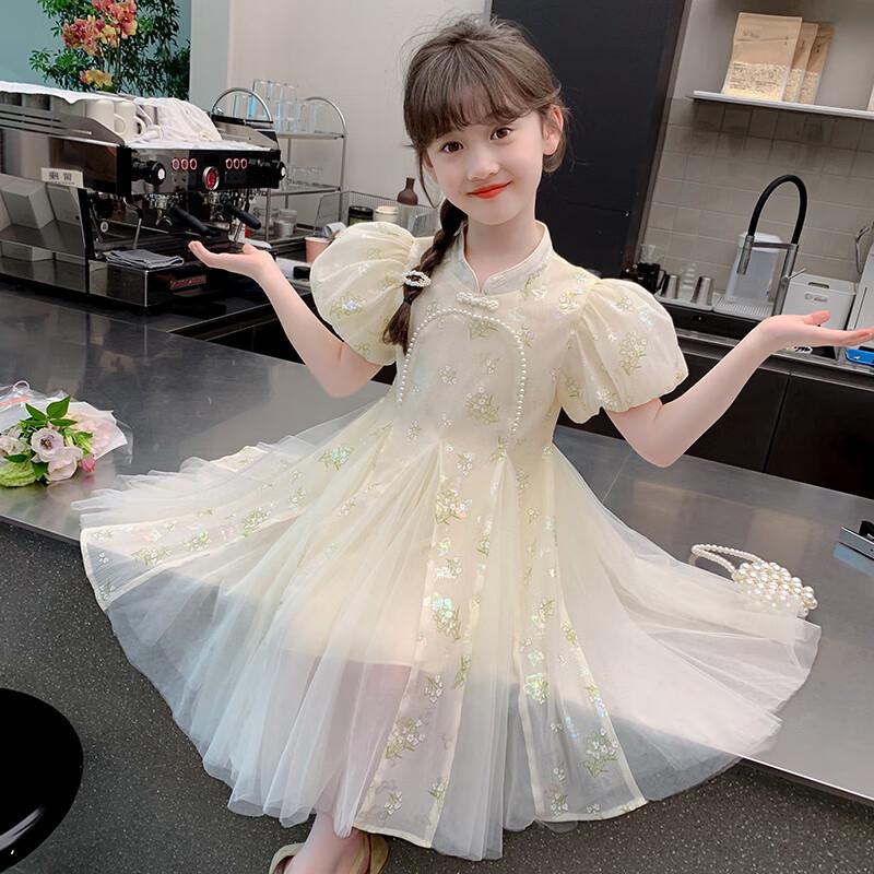 Anneyol Girls' 2025 Summer New Chinese Style Cheongsam Princess Dress