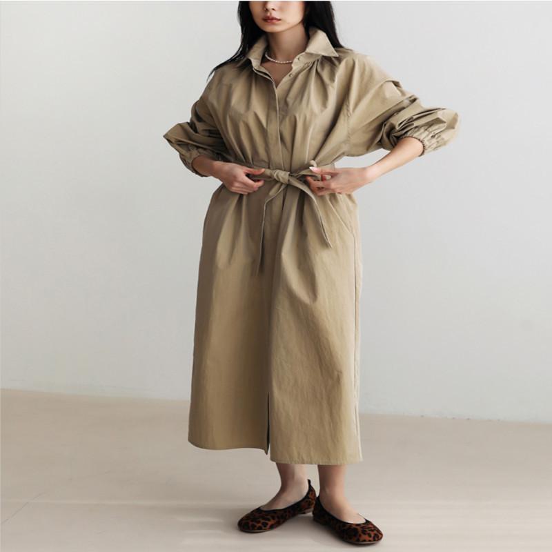 

Хлопковое платье Johnature с длинным рукавом, женское весеннее корейское платье с завязками на талии, темпераментные платья XL хаки