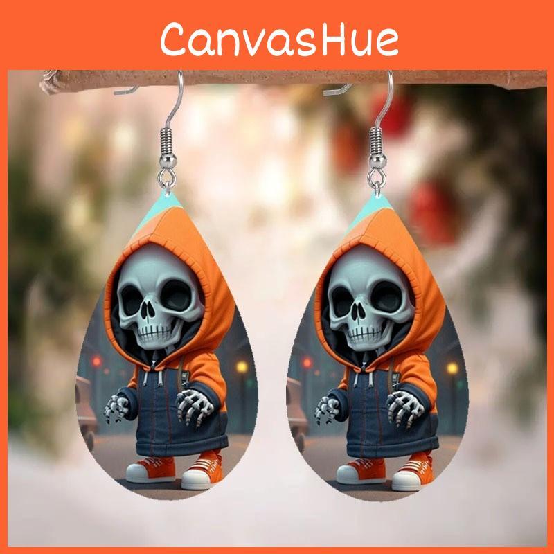 Themed Hooded Halloween Jacket Skull Pattern Droplet Shaped Acrylic Earrings