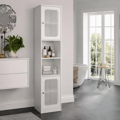 163 Cm Tall Bathroom Cabinet In White - Standing Model with Adjustable Shelves Behind a Louvered Door, Narrow Cabinet with Several Compartments.
