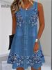 Women Summer Sleeveless Bohemian Dress Fashion Imitate Cowboy Vest Flowers Print Dress Casual Tank Beach Dresses For Women