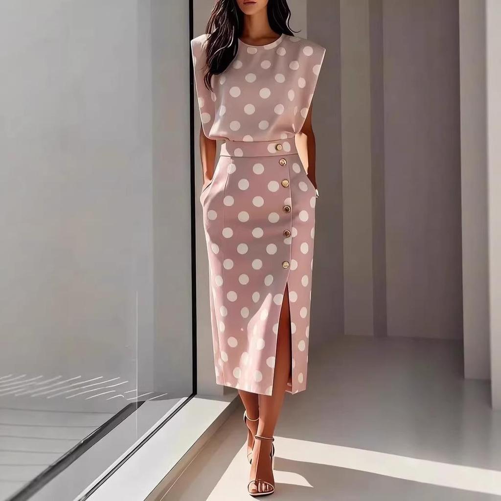 2026 Summer Fashion: Women's Printed Sleeveless Top & Slit Skirt Set