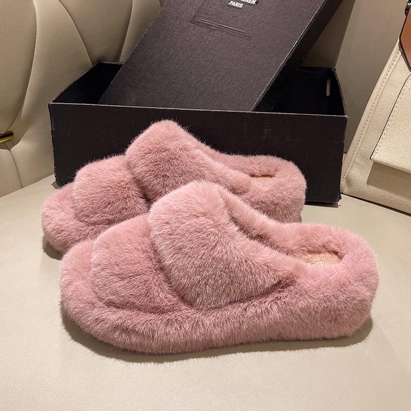 Női Vastag Talpú Szőrmés Papucs - Dupla Csíkos, Ferde Szájú, Őszi/Téli Melegség