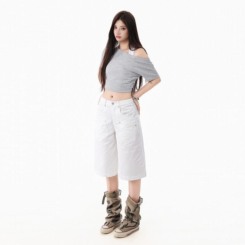 Fashion Summer White Pocket Design Straight Wide Leg Cropped Capri Denim Pants For Women Trendy Versatile Slimming AllMatch Casual Bottoms