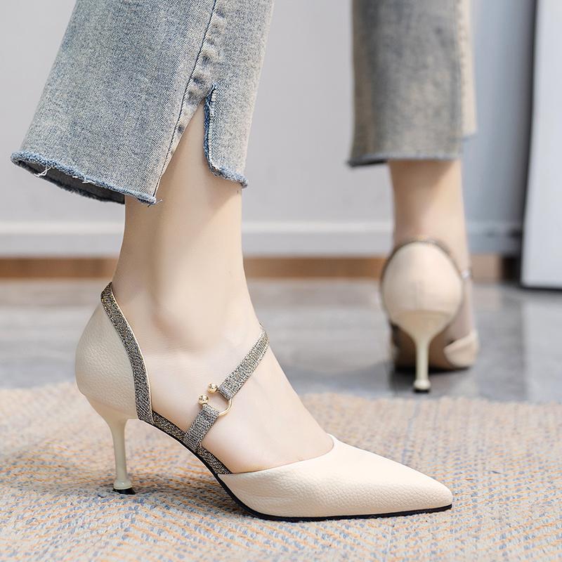 Mix Color Ankle Strap High Heels Shoes Women Pu Leather Thin Heeled Pumps Woman  New Shining Patchwork Party Shoes