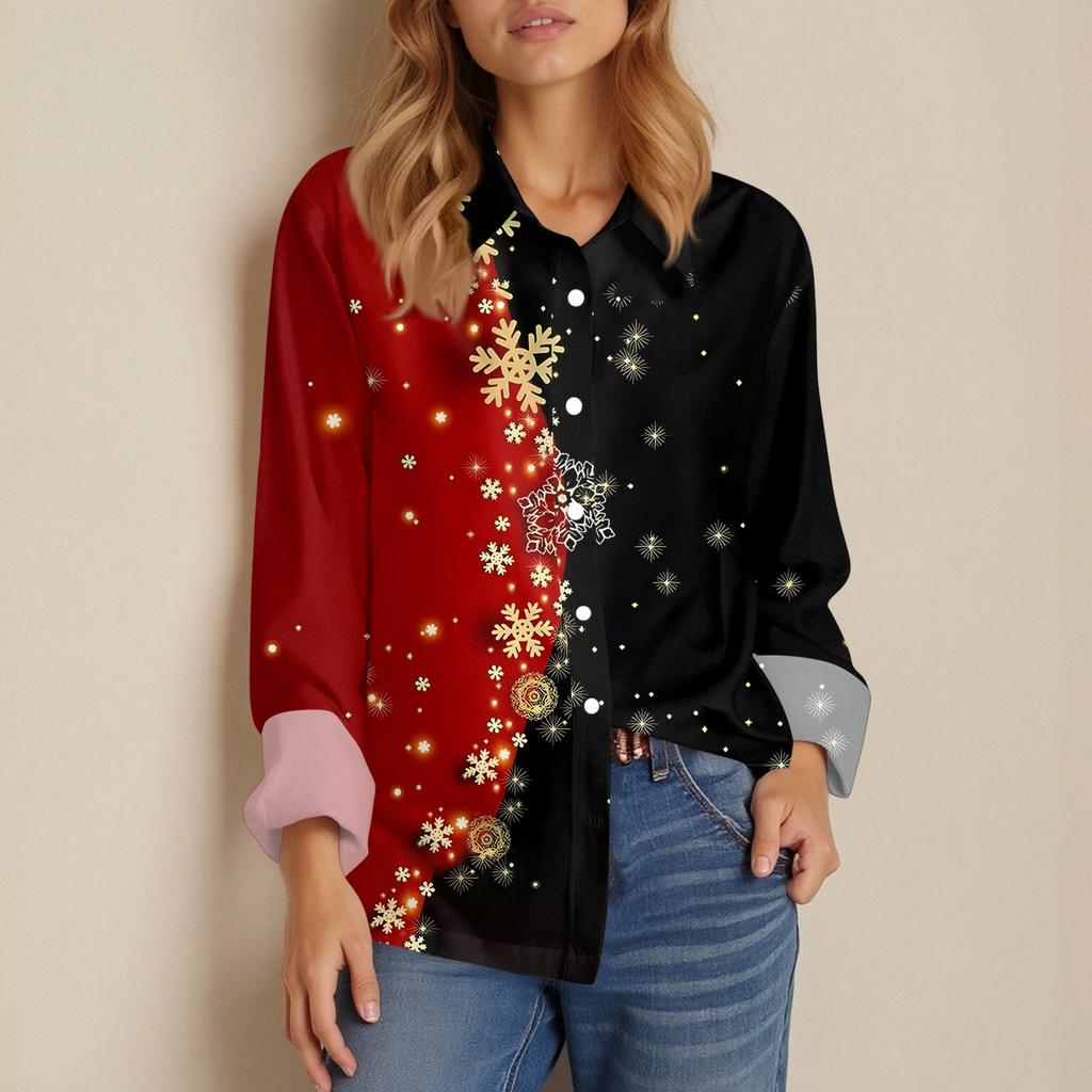 Skjortebluse for kvinner Juletrykkknapp Langermet Casual Basic skjortekrage Vanlig topp