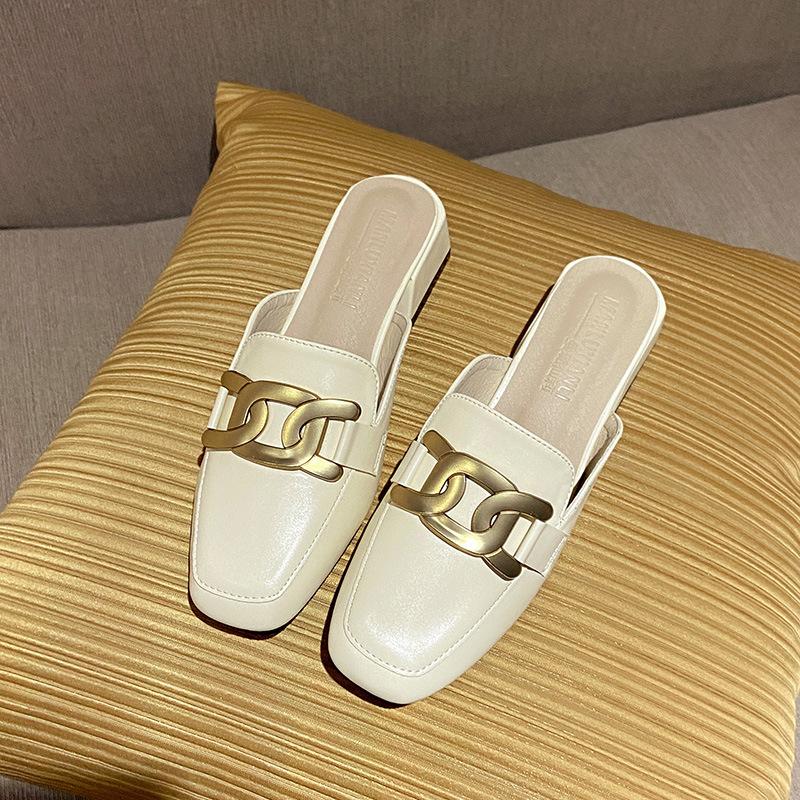 

Баотоу тапочки женские толстый каблук уличная одежда ранняя весна новые ленивые одинарные туфли модный тренд полушлепки женская обувь 41 бежевый