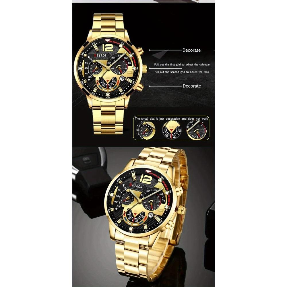 3pcs/set, Fashion Men's Business Watch, Casual Stainless Steel Quartz Wristwatch, Golden Necklace, Bracelet and Wristwatches Set