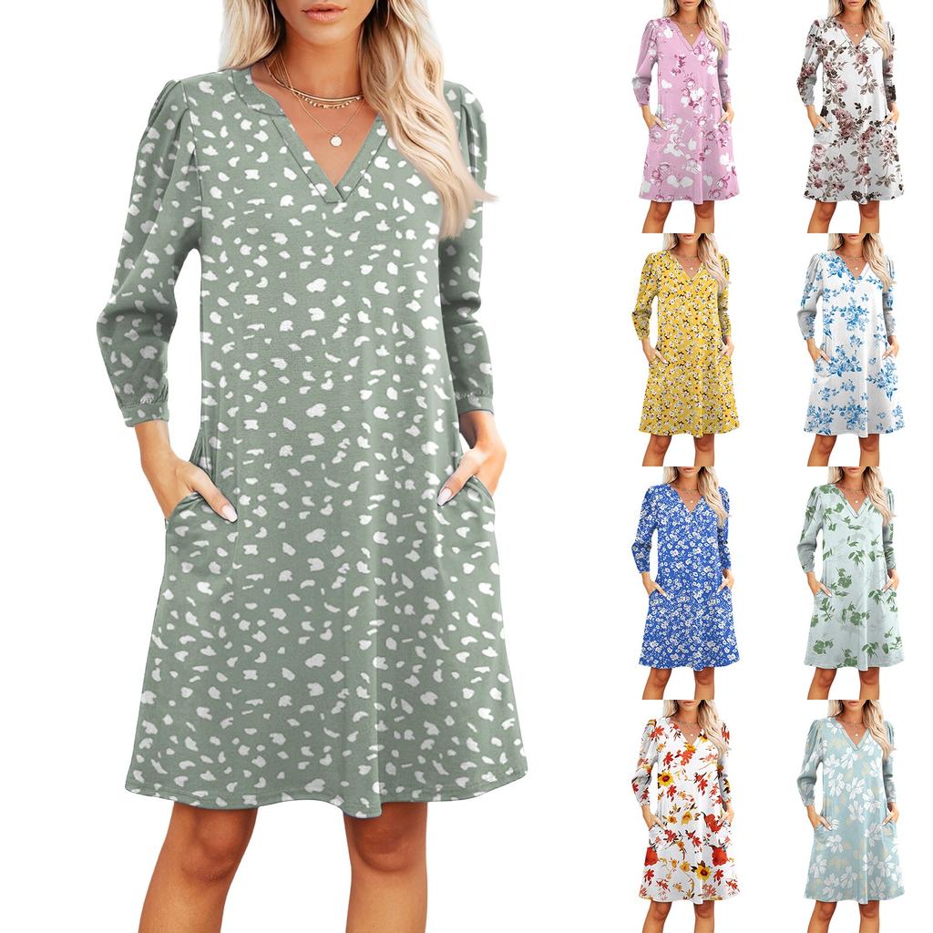Women's Fashion V-neck Casual Beach Dress Three-quarter Sleeves Floral Print Dress