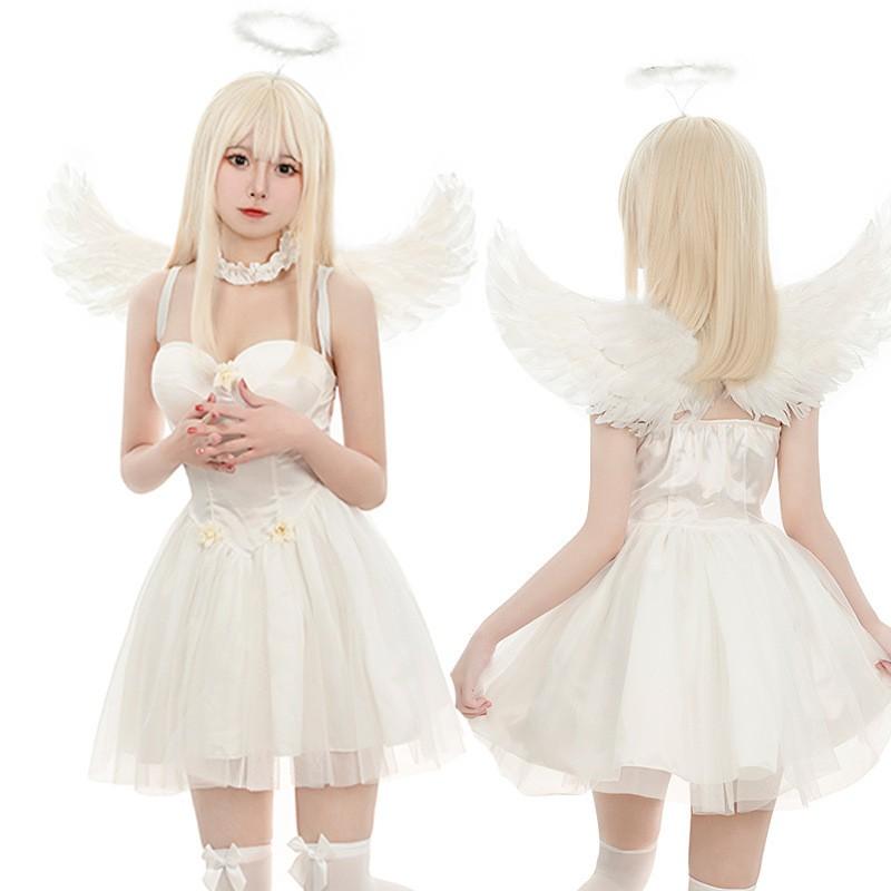 Costume d'Ange Blanc avec Jupe en Tulle Ailes Bandeau Collier Gants Cosplay Anime Fête Performance Scénique