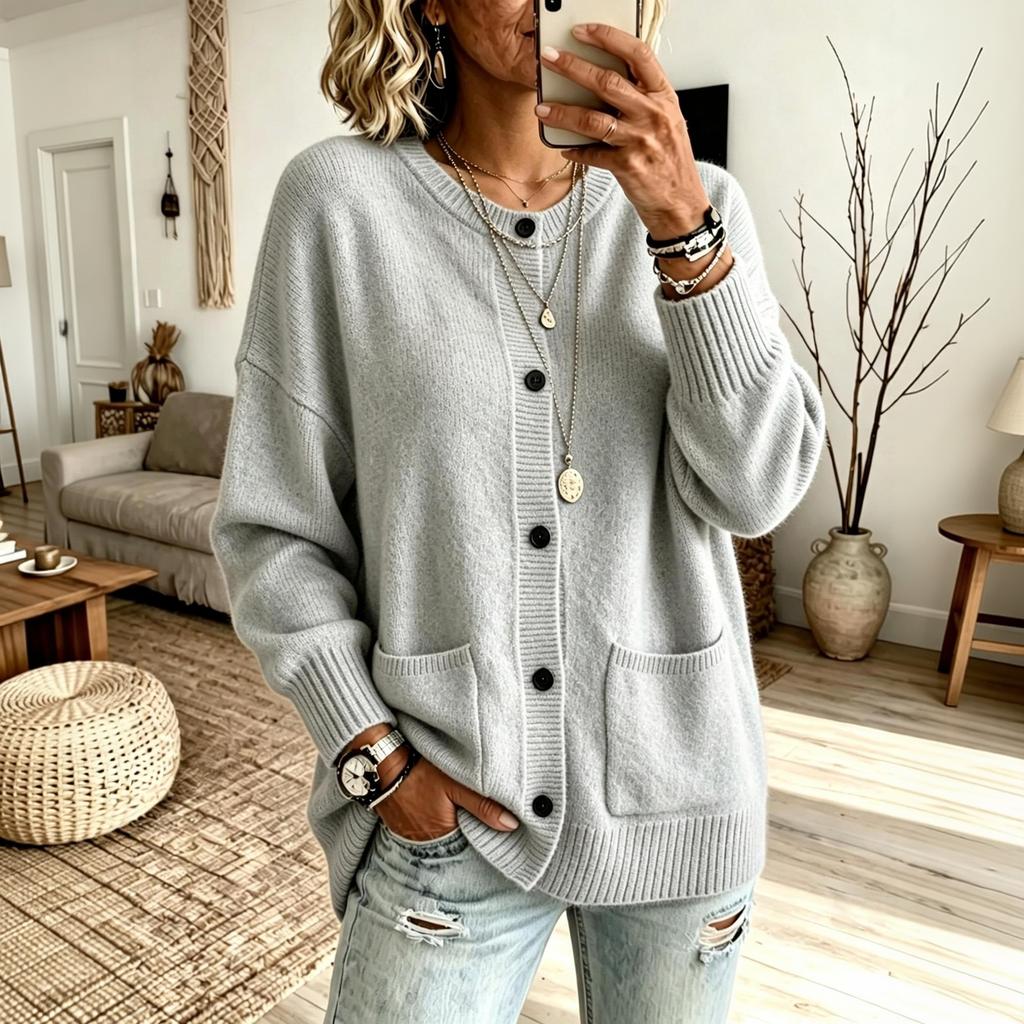 Women's Loose Fit Button Front Sweater with Pockets, Casual Slouchy Knit Cardigan