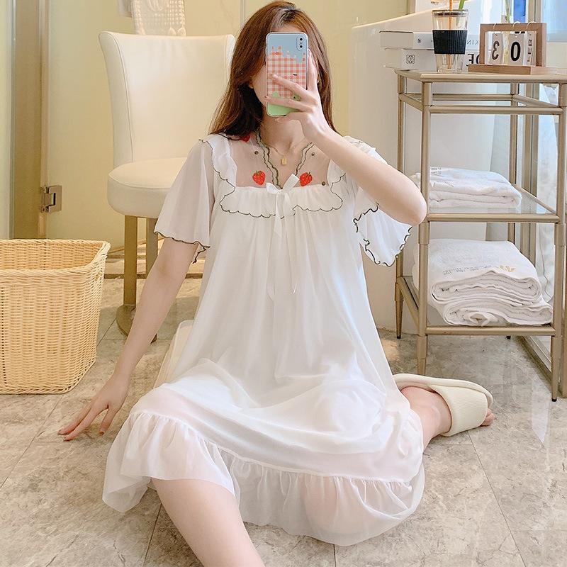 Summer Loose And Sweet Princess Style Solid Color Medium And Long Mesh Nightdress Pajamas Loungewear
