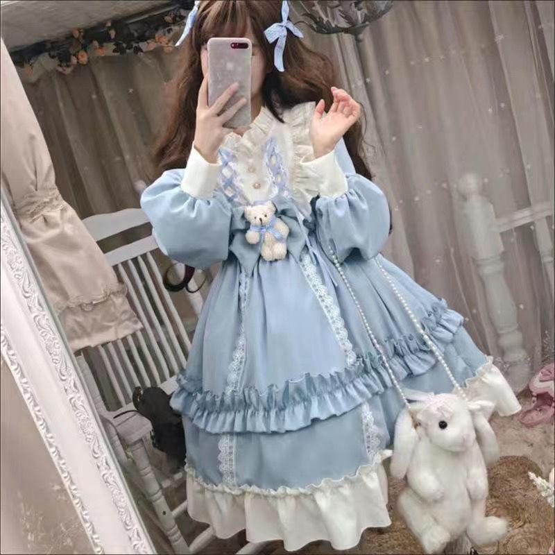 Japanese Fashion Bear Bow Detail Lolita Long Sleeve Dress Full Set New Loose Women Cute
