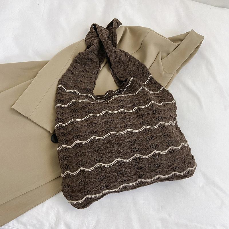Knitted Large Capacity Stripe Pattern Crochet Tote Bag Beach Vacation Women's Hollow Shopping Shoulder Bags CLE