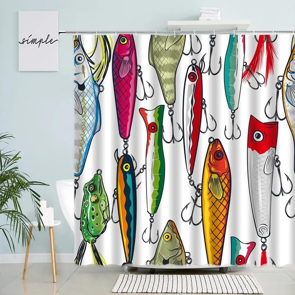 Tende da Doccia Pesci Cartoni Animati Amo da Pesca Rana Vita Marina Stampa Moderna Tessuto Decorazione Parete Casa Bagno Set Tende da Bagno Bianche