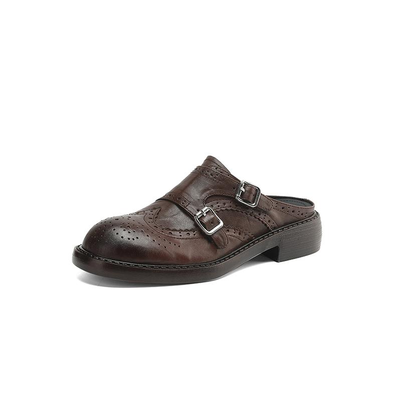 Fashion 2025 New Genuine Leather Retro Loafers Woman Sandal Round Toe Slip-on Casual Shoes Spring Summer Shoes Outdoors Walk Shoes Woman