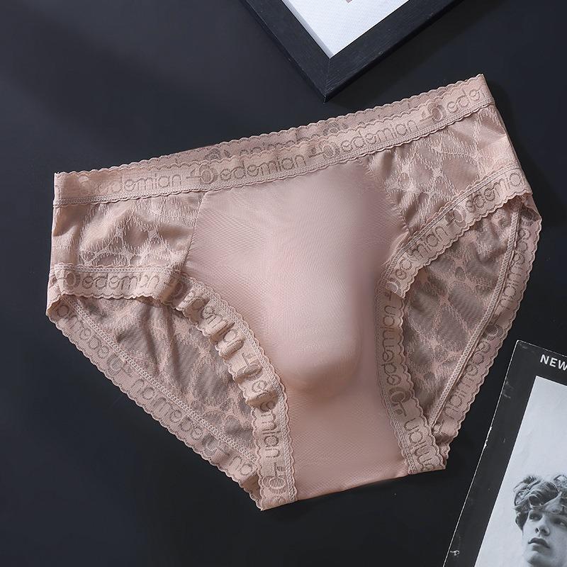 Lace See Through Sissy Pouch Lingerie Panties Men'S Seamless Ice Silk Briefs Thin Breathable Sexy 3D Convex Pouch Underpant