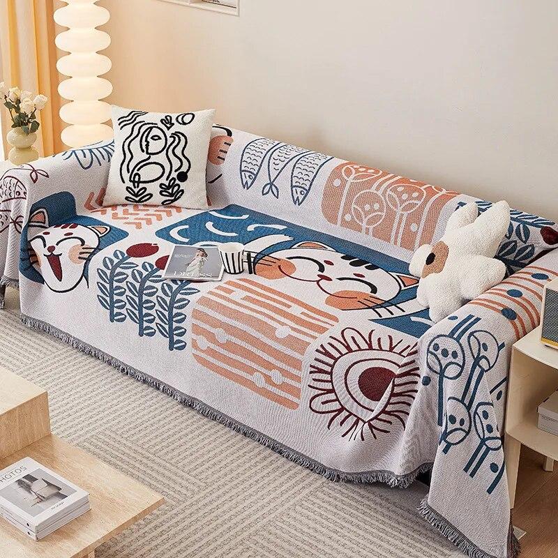 Cute Cartoon Sofa Cover with Tassels Modern Throw Blanket for Bed Couch Outdoor Camping Picnic Mat