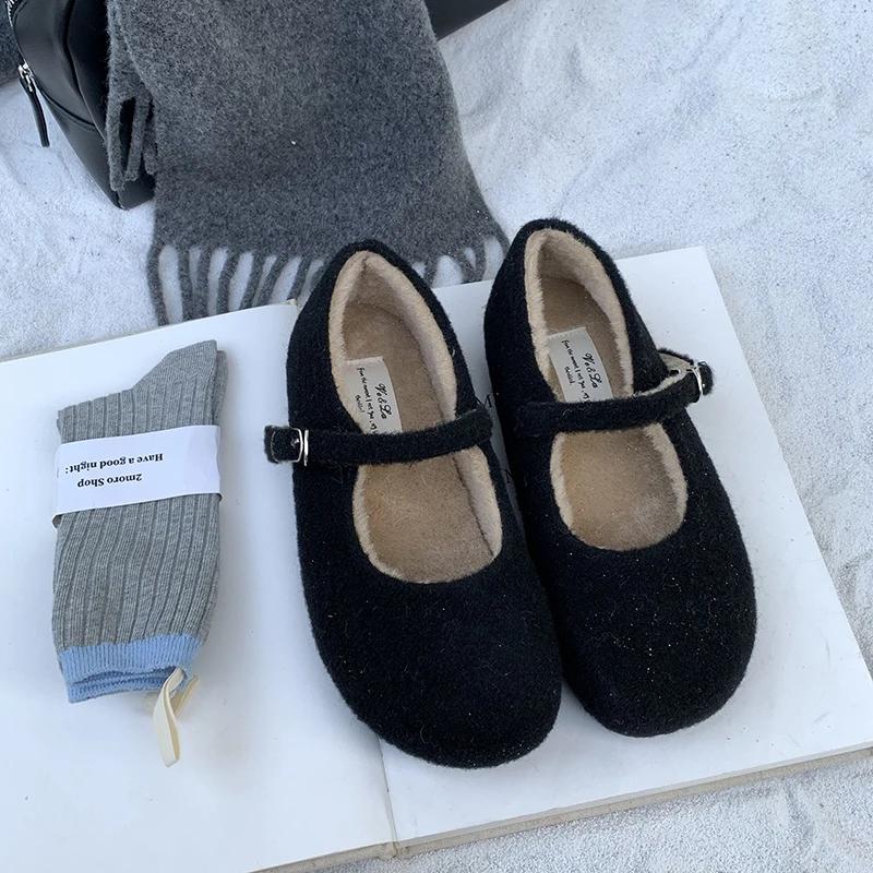 Módní Zimní Teplé Fleecové Dámské Boty Mary Jane Módní Mělké Roztomilé Baleríny Pohodlné Venkovní Boty s Měkkou Podrážkou