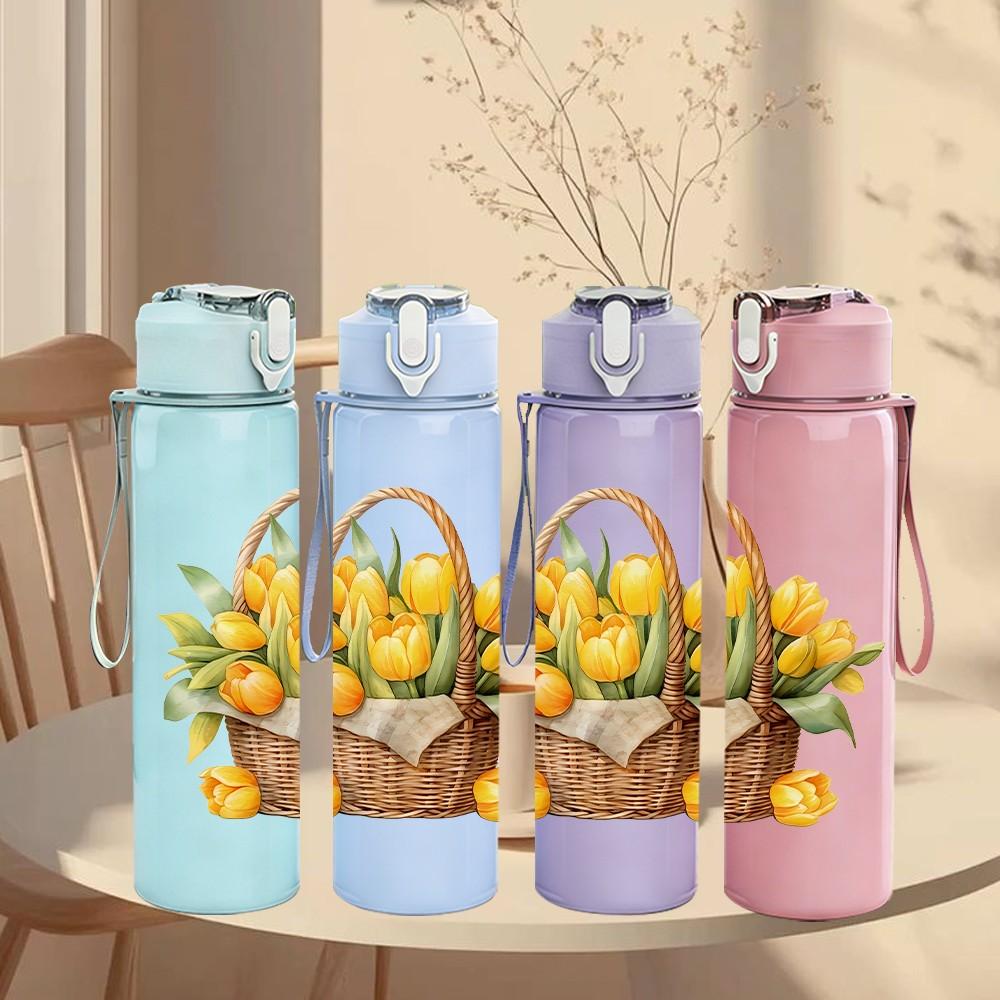 1PC Flower Basket Vintage Watercolor Pattern 750ml Color Plastic Sports Water Bottle Leakproof Flip Straw Lid Suitable for Sports Office Home Use
