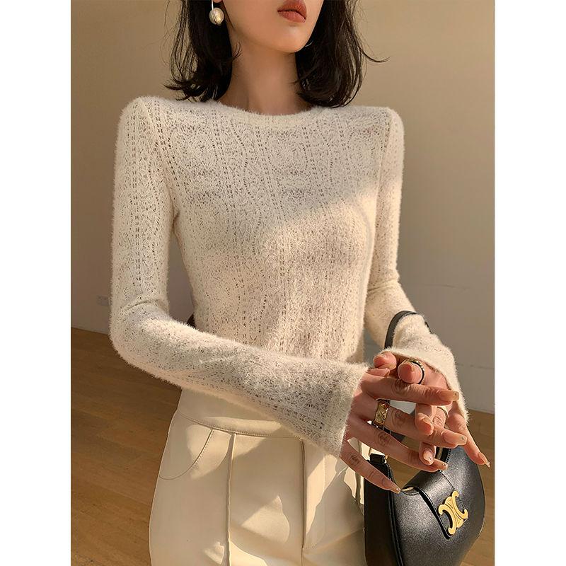 Apricot Long Sleeve Lace Knitwear Women's Autumn Winter Fashion Slim Fit Base Layer Top