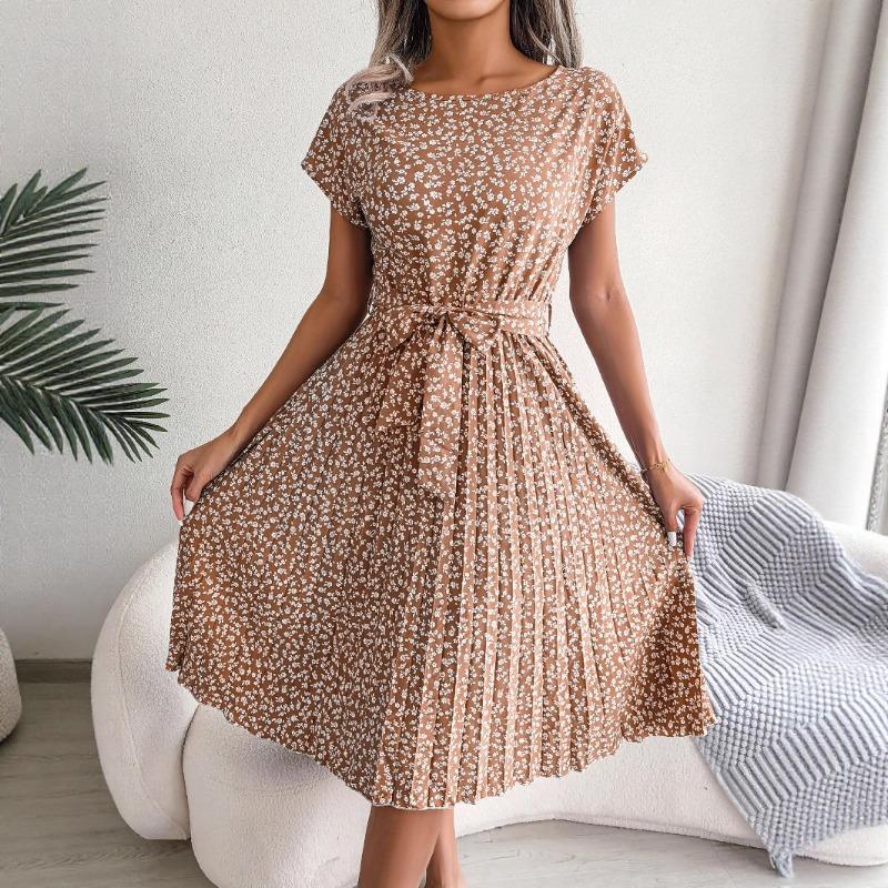 Women Casual Short Sleeve Floral Print High Waist Pleated Midi Dress