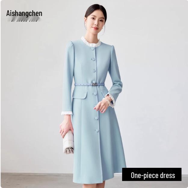 

Женское синее платье с оборками с длинным рукавом Aishangchen - Весенняя коллекция 2025 Small