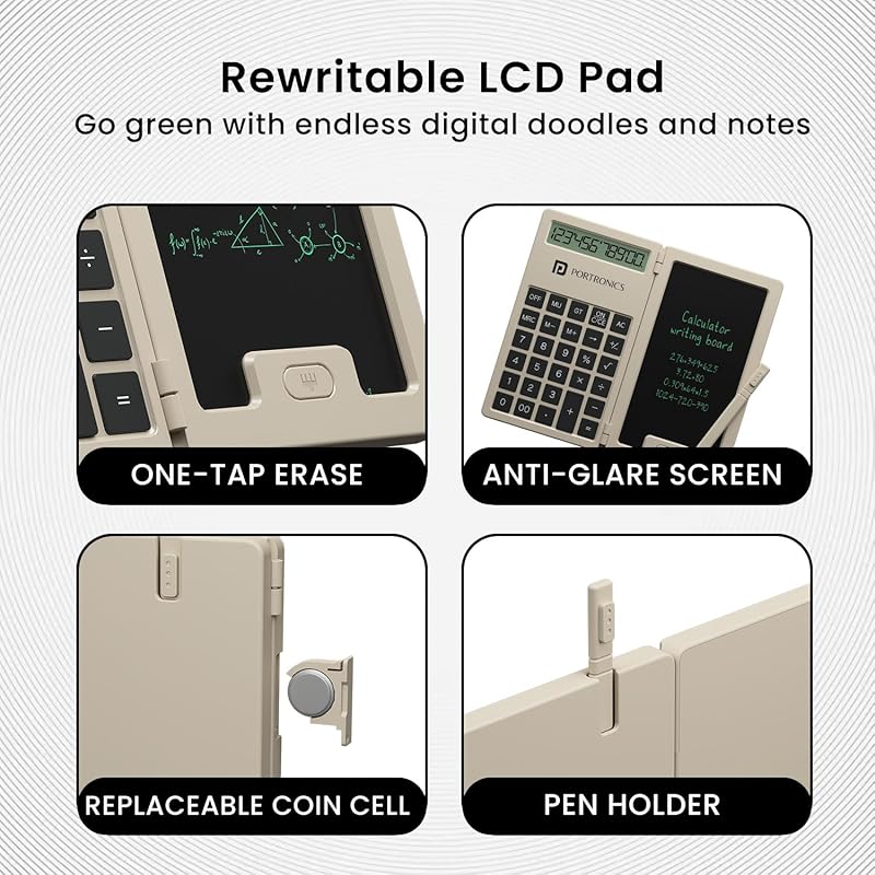 

Portronics Ruffpad Calc Mini 2-In-1 Calculator & Lcd Writing Pad With 5.5 Inches Tablet, 12 Digits, Foldable Design, Sty