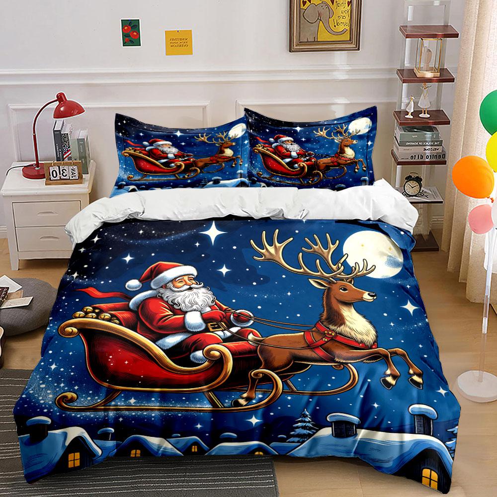 Santa Riding Sleigh At Night Bedding Duvet Cover Set Duvet Cover Pillowcases (1*Duvet Cover 2*Pillowcases, Without Duvet Insert)