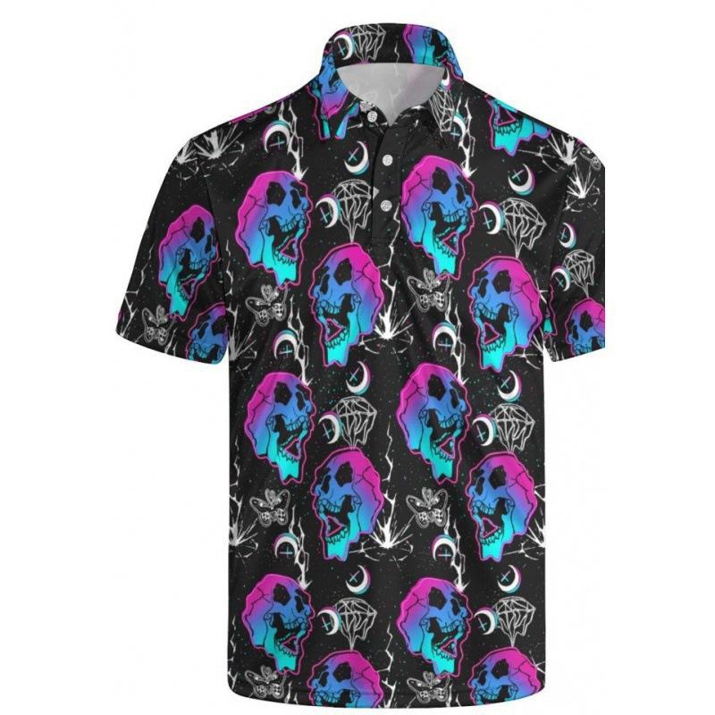 Trendy Short Sleeve Polo Shirt with Skull & Floral Print