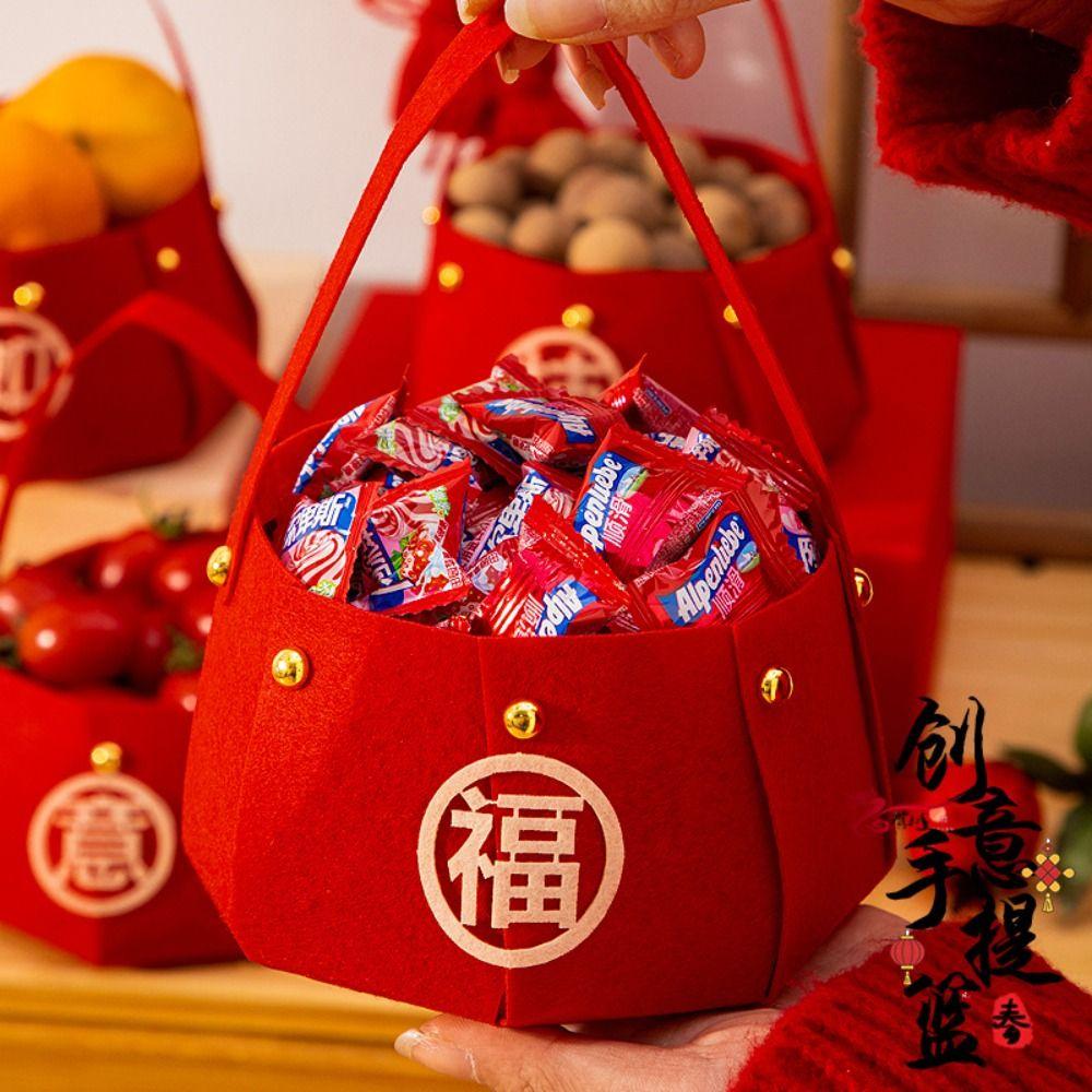 Red Candy Storage Bag Felt Gift Bags Joyful New Year Handheld  Fruit Basket  Party Decor