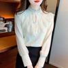 Autumn Winter Fashion New 2024 Long Sleeve Beading Stand Collar Ruffles Apricot Velvet Lace Blouse Shirt Women Tops Blouses Shirts J769