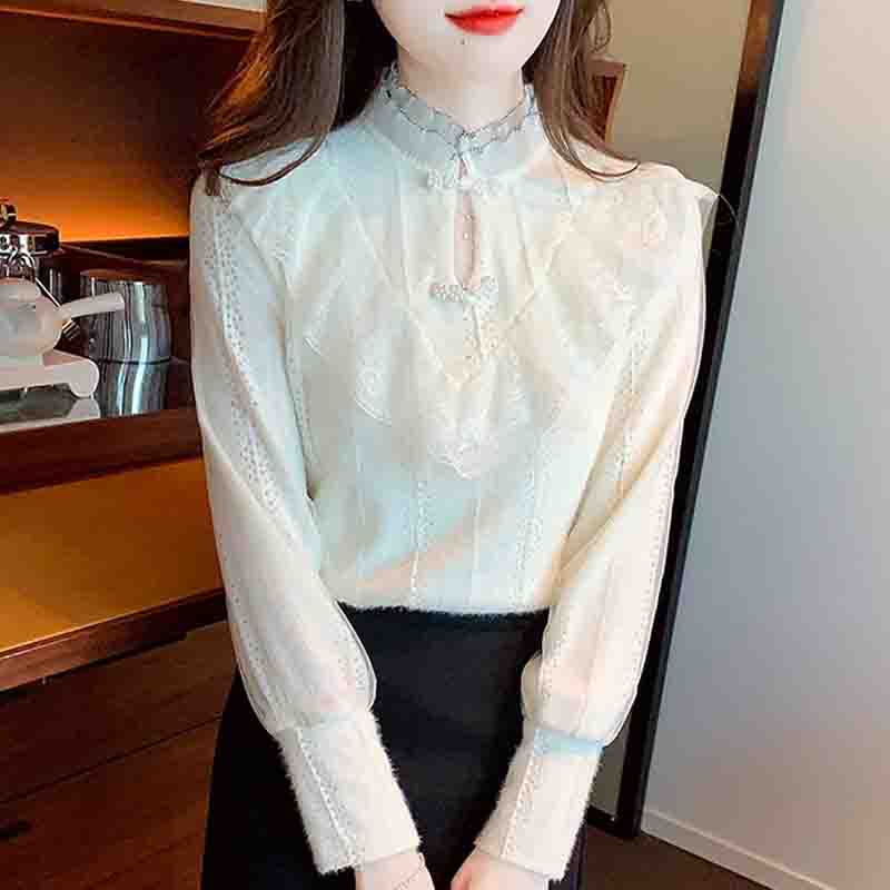 Autumn Winter Fashion New 2024 Long Sleeve Beading Stand Collar Ruffles Apricot Velvet Lace Blouse Shirt Women Tops Blouses Shirts J769