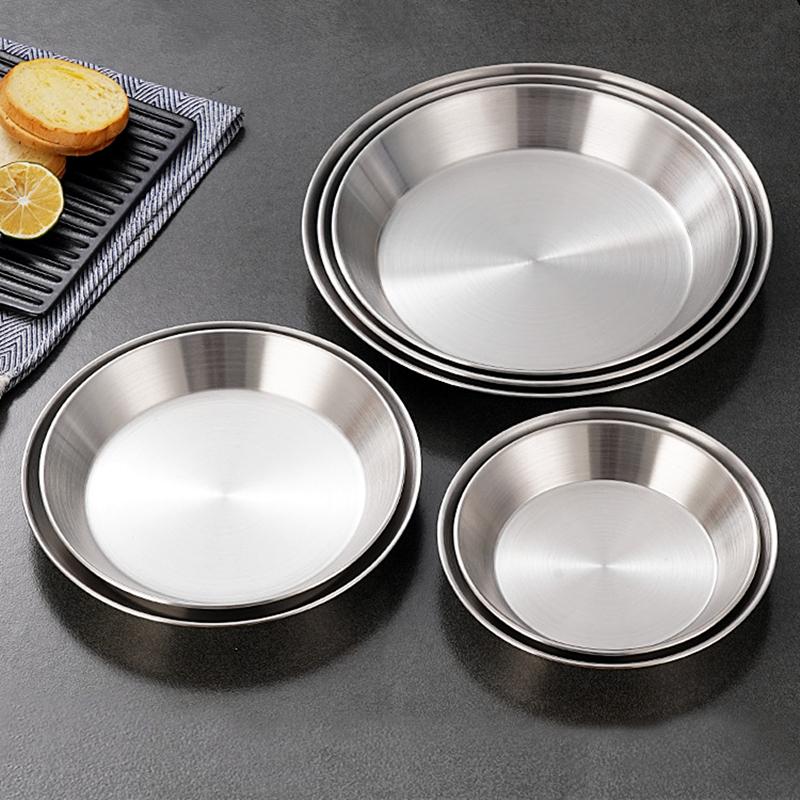 304 Stainless Steel Round Non-stick Cake Pan Pizza Baking Tray Steamed Food Barbecue Storage Plate Kitchen Tools