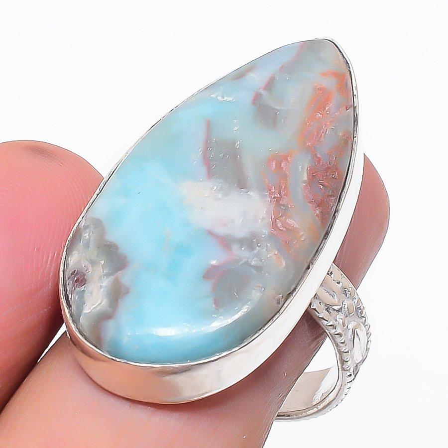Natural Larimar Gemstone Handmade 925 Sterling Silver Jewelry Ring Size 9.5 s4K42