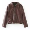Vintage Solid Color Lapel Zipper Leather Outwear Casual Long Sleeved Elastic Short Women Coat Fall Commuting Street Jacket