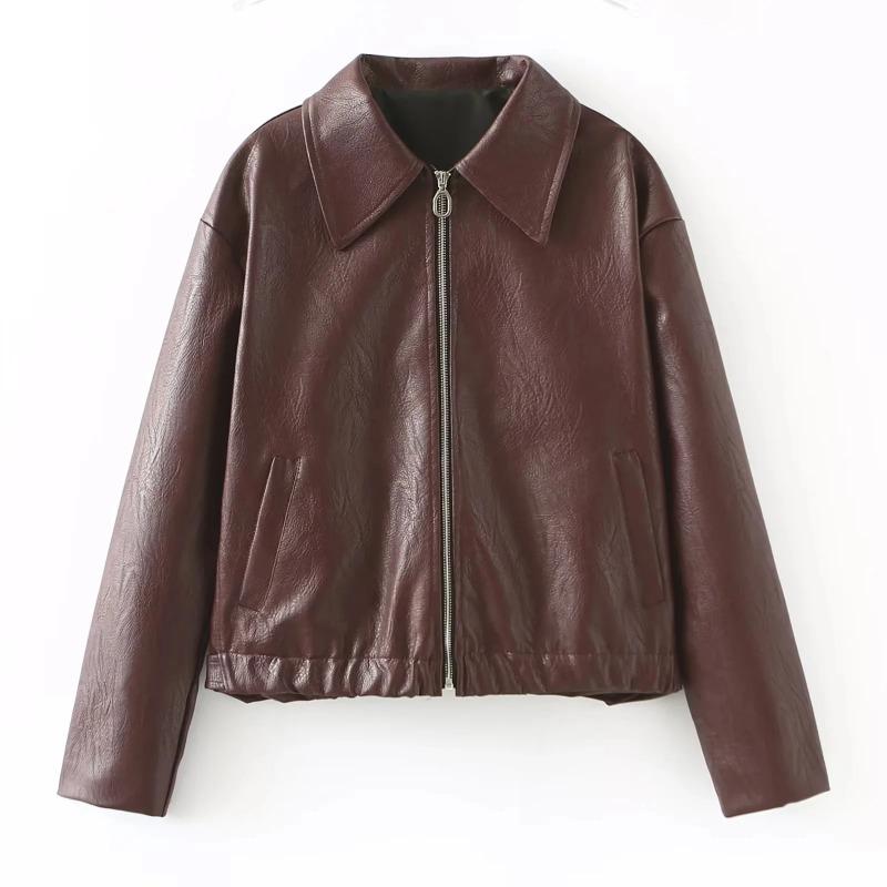 Vintage Solid Color Lapel Zipper Leather Outwear Casual Long Sleeved Elastic Short Women Coat Fall Commuting Street Jacket