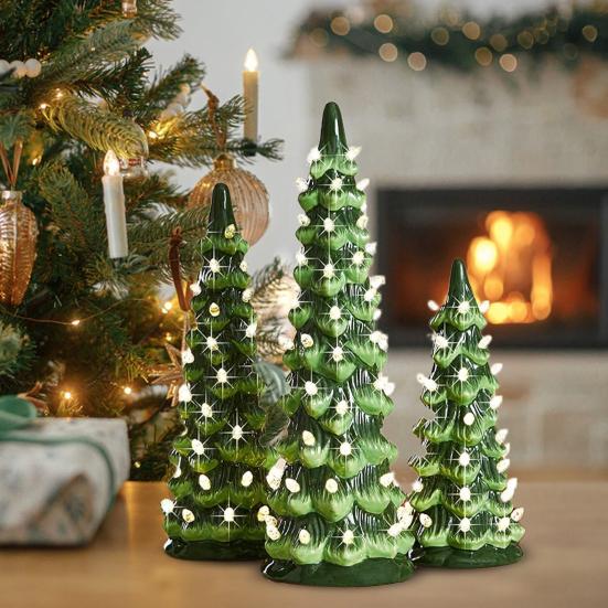 Yousheng Christmas Tree Figurine Hand-Painted Resin Prelit Tree Ornament with Warm Lights Xmas Tabletop Decoration for Holiday Home Desk Mantel Decor