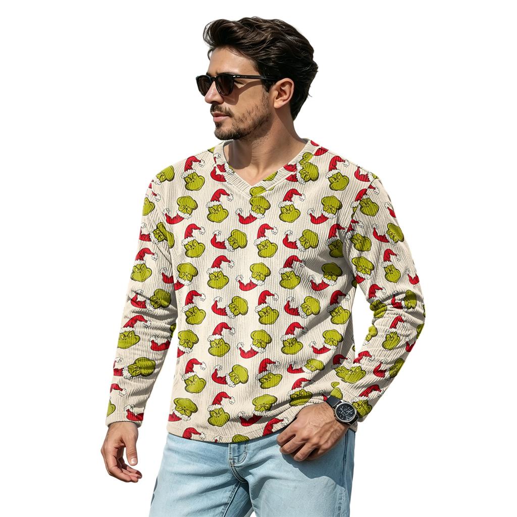 Men's Casual Loose Fit V-Neck Shirt with Christmas Print for Holiday Occasions