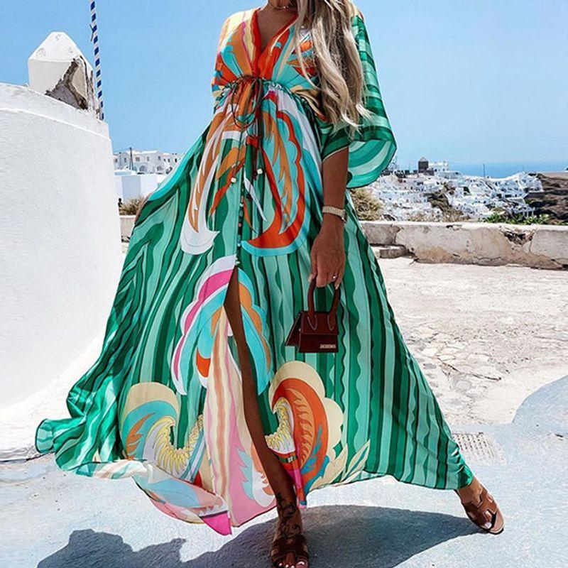 

2026 Spring New Cross-Border European and American Women s Fashion Printed Loose Tie-Waist Elegant Flared Dress Green Plus Orange Pink (Two Belts) 2XL